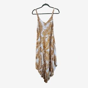 Women’s White & Brown Tropical Print Spaghetti-Strap Jumpsuit